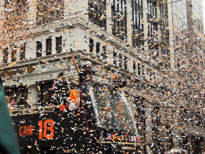 PARTY TIME: Player Matt Cain on a float in San Francisco during the Giants' World Series celebration parade. PHOTO BY MEGAN MAXEY