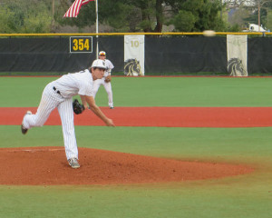 ON THE MOUND: Mustangs’ pitcher Dean Kremer pitched five innings, striking out seven vs. Gavilan College on Jan. 27. PHOTO BY ROBERT JUAREZ